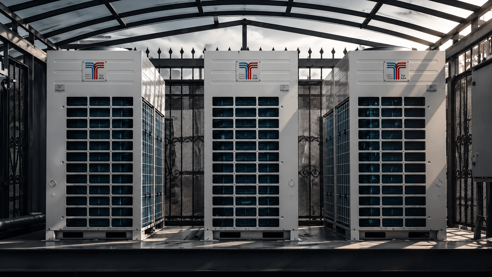 VRF outdoor units installed beneath an industrial canopy